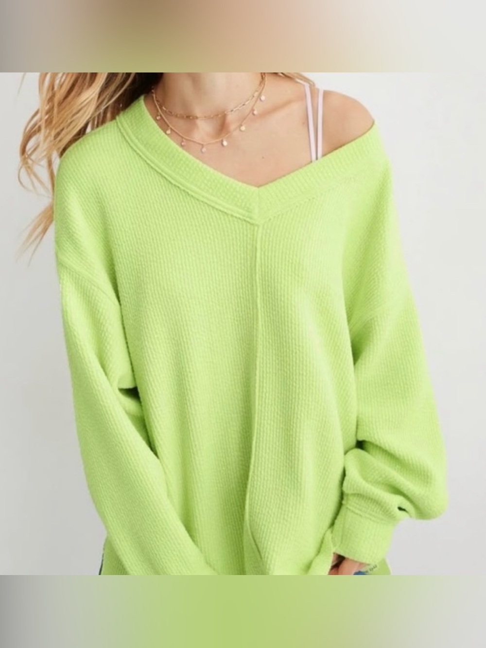 aerie Wonder Textured V-Neck Sweatshirt ~ Medium ~ Lime Green